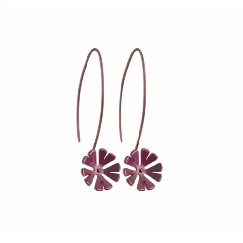 Large Ten Petal Brown Flower Hook Drop Earrings